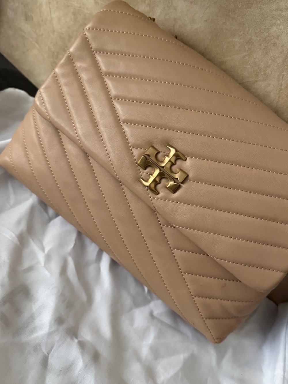 Tory Burch Quilted Crossbody Bag in Nude Beige with Gold Logo